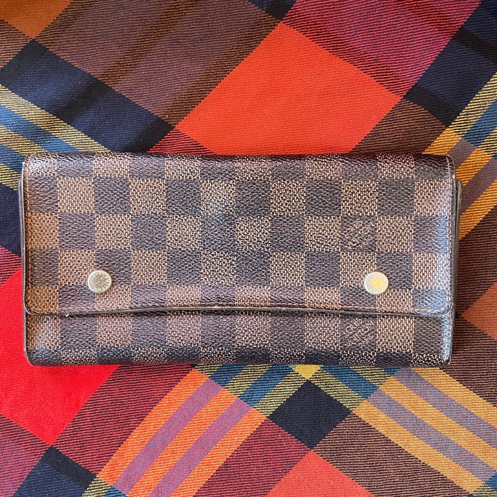 Louis Vuitton Brown Damier Wallet with Double Snap Gold Hardware